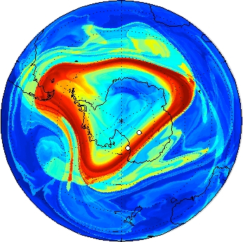 Representation of the geometric structure that provides the keys to understanding the transport across the Antarctic vortex. Image taken from A. House, A. M. Mancho, K. Ide, E. Serrano, c.r. Mechoso, 'Routes of transport across the Antarctic polar vortex in the southern spring. 